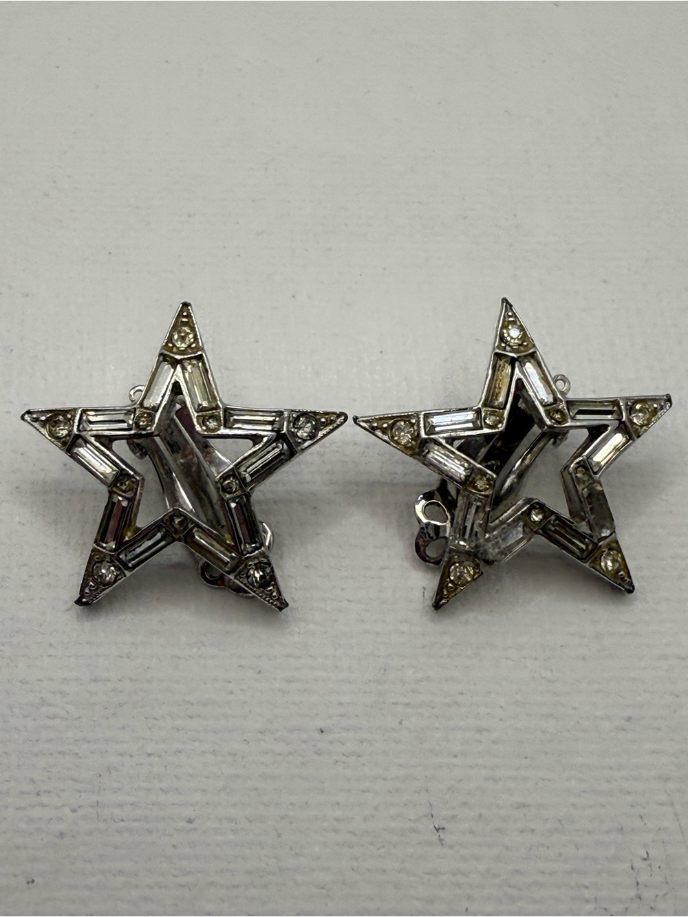 Vintage Kramer of NY Star Rhinestone Clip-On Earrings Celestial Silver Tone
